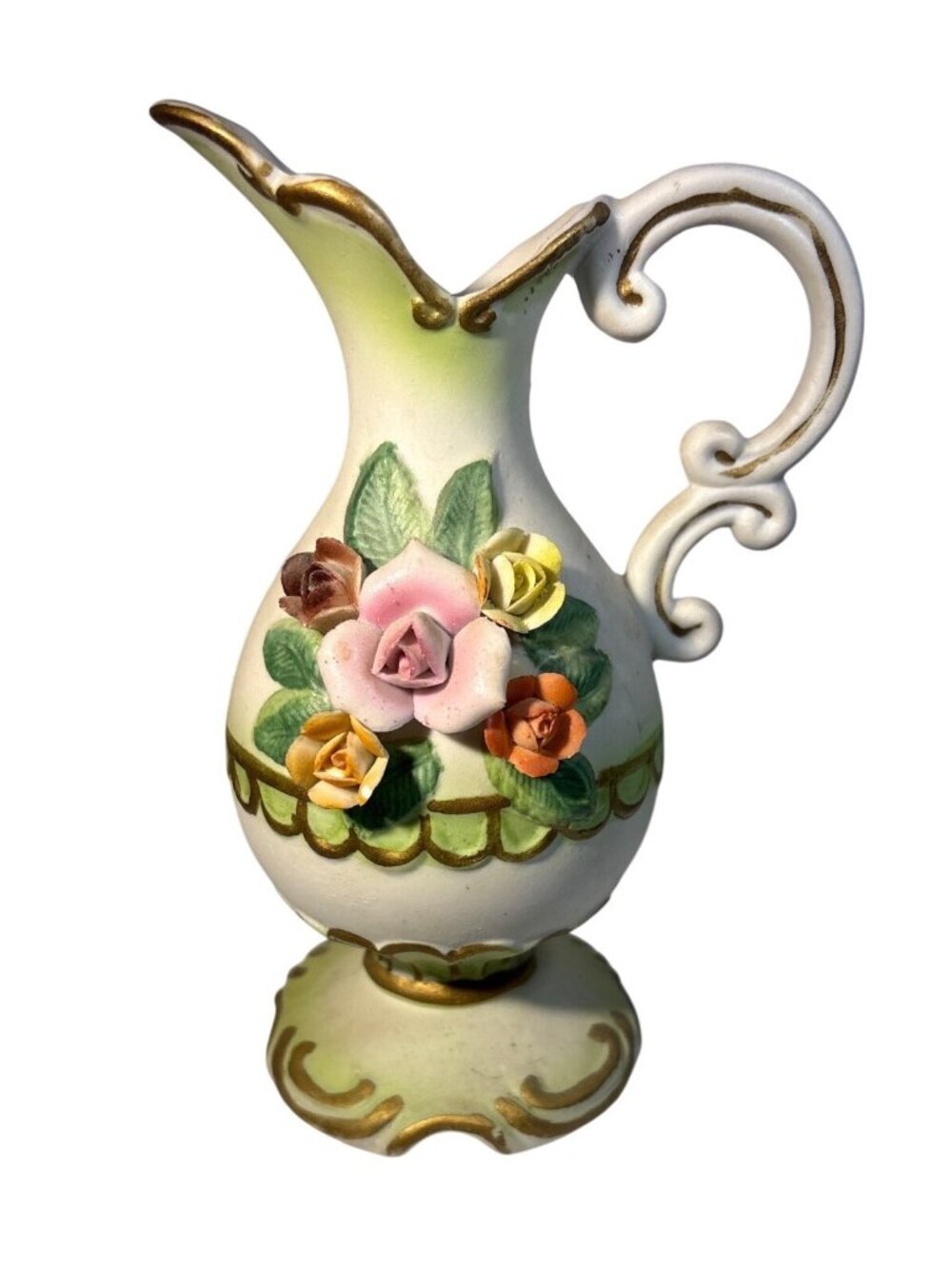 Vintage Ceramic Pitcher Vase With Hand-Painted Floral Relief & Gold Accents
